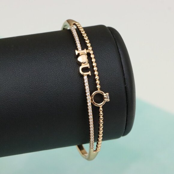 Dainty “I ❤️ U” Rose Gold Bangle with Diamond Ring Charm, XPBL0469 - Picture 6 of 10